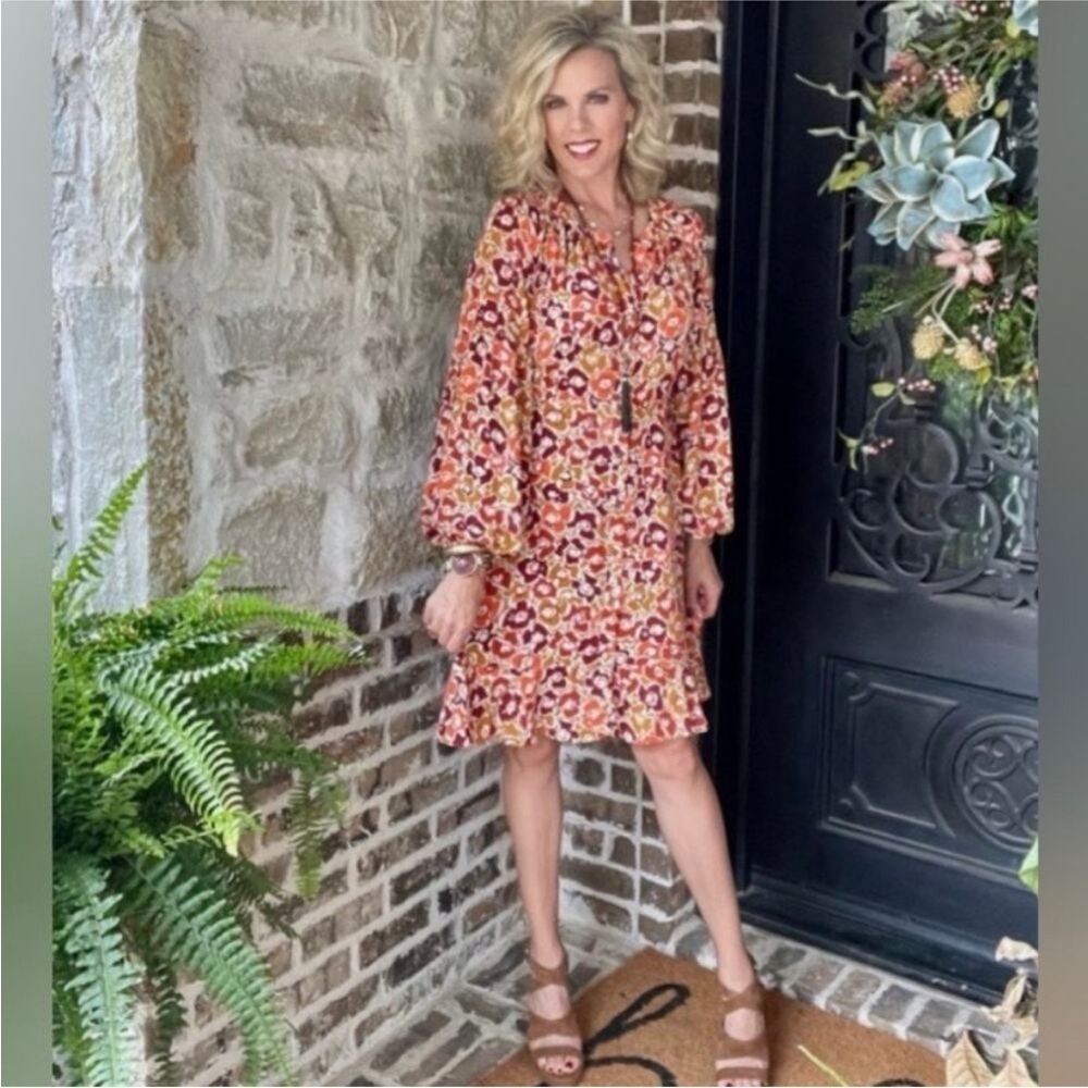 Cabi Daydream A-Line Floral Print Bishop Sleeves Midi Dress Size Medium